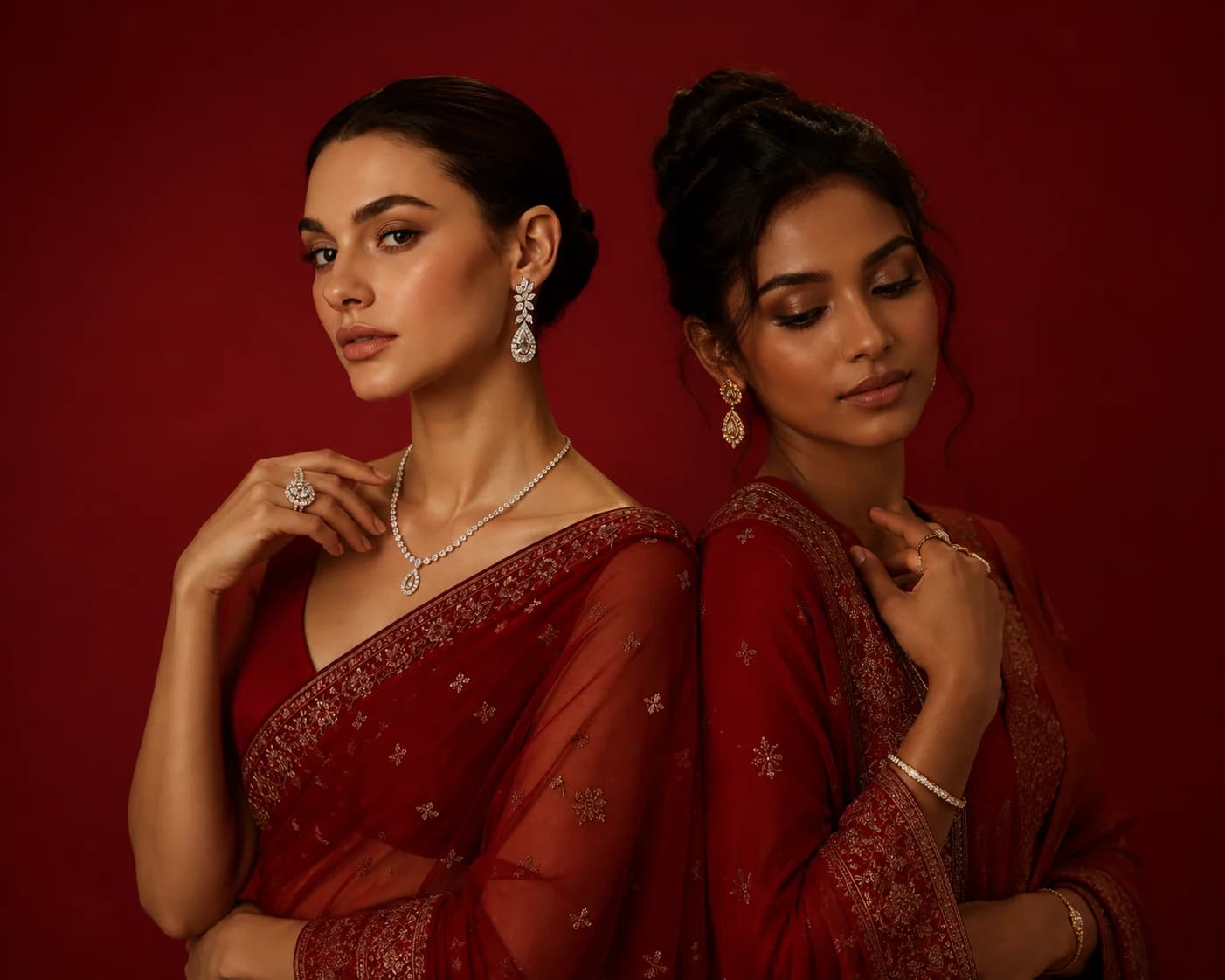 Two models wearing R M Gold necklaces and jewellery